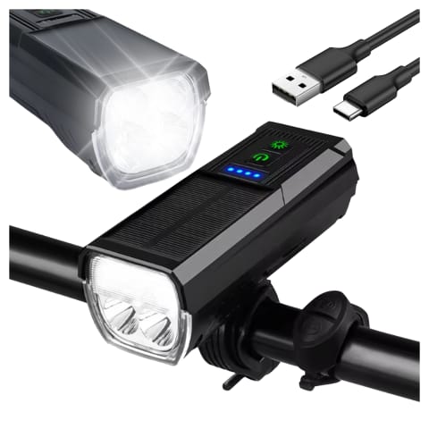 ⁨Lampka rowerowa solarna przód LED przednia światło roweru z panelem słonecznym klaksonem super mocna 1000LM 4400MAH oświetlenie wodoodporna światełko na rower czarna⁩ w sklepie Wasserman.eu