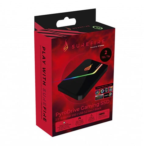 ⁨SSD Wewnętrzny SUREFIRE PYRODRIVE, 31825, 2000GB, czarny, RGB, 460 MB/s-R, NVMe, 440 MB/s-W⁩ w sklepie Wasserman.eu