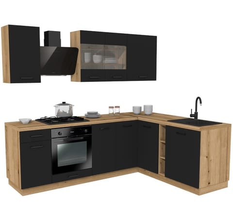 ⁨MEBLE KUCHENNE ZESTAW VARIO Z3 240X180CM CZARNY BLAT DĄB EVOKE BEZ AGD⁩ w sklepie Wasserman.eu