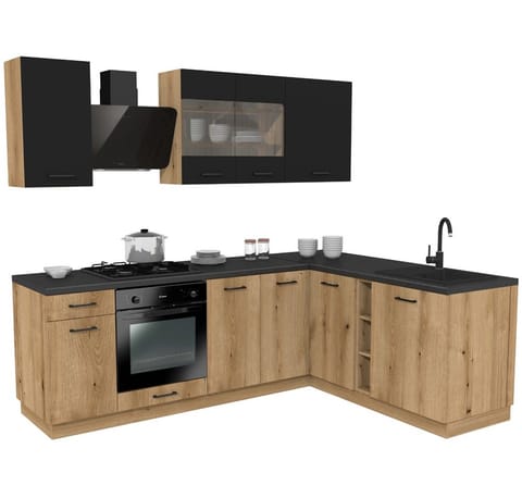 ⁨MEBLE KUCHENNE ZESTAW VARIO 240X180CM Z4 CZARNY/EVOKE BLAT DISTRICT BEZ AGD⁩ w sklepie Wasserman.eu