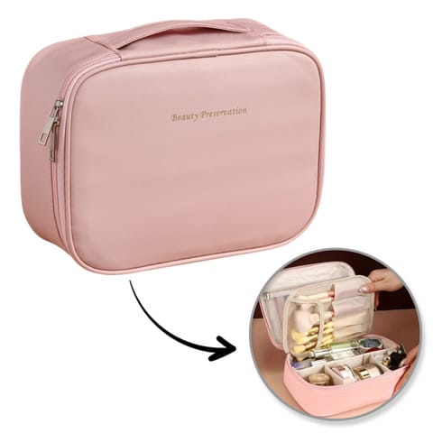⁨Kosmetyczka rozkładana elegancka kuferek etui z ekoskóry róż KS146R⁩ w sklepie Wasserman.eu