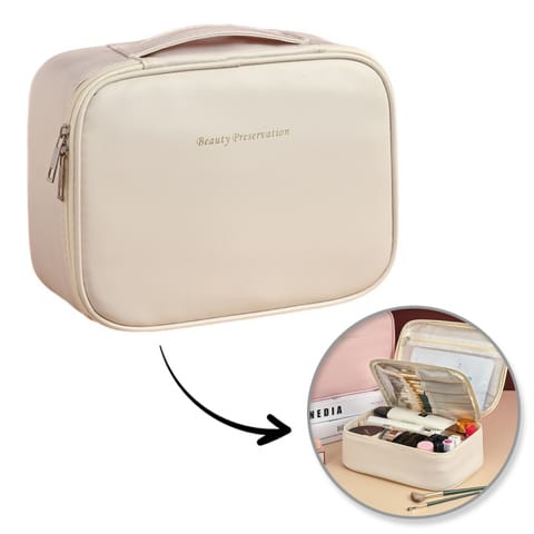 ⁨Kosmetyczka rozkładana elegancka kuferek etui z ekoskóry kremowa KS146K⁩ w sklepie Wasserman.eu