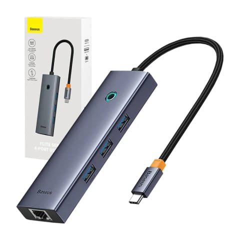 ⁨Hub 4w1 Baseus  UltraJoy USB-C do 3x USB 3.0 + RJ45 (szary)⁩ w sklepie Wasserman.eu