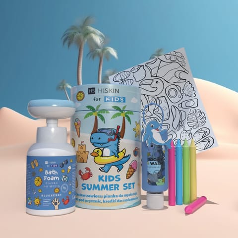 ⁨HISKIN Kids Zestaw na wakacje tubie pianka do mycia, żel pod prysznic, w prezencie kolorowe kredki oraz kolorowanki - niebieski⁩ w sklepie Wasserman.eu