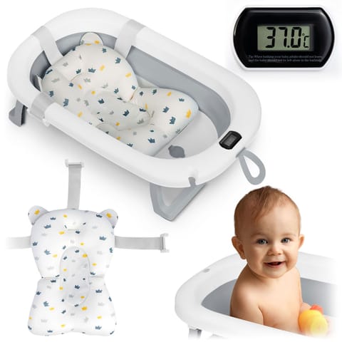 ⁨Wanienka składana dla dzieci, niemowląt z termometrem i wkładką Ricokids RK-287 biało-szara⁩ w sklepie Wasserman.eu