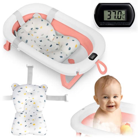 ⁨Wanienka składana dla dzieci, niemowląt z termometrem i wkładką Ricokids RK-287 biało-różowa⁩ w sklepie Wasserman.eu