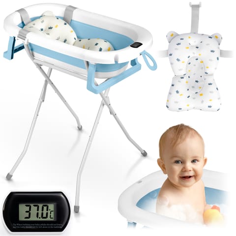 ⁨Wanienka składana dla dzieci, niemowląt ze stelażem, termometrem i wkładką Ricokids RK-287 biało-niebieska⁩ w sklepie Wasserman.eu