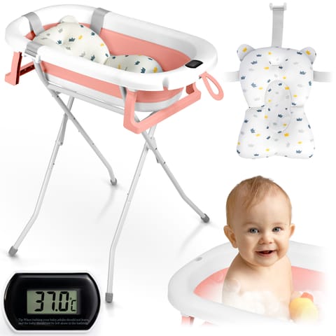 ⁨Wanienka składana dla dzieci, niemowląt ze stelażem, termometrem i wkładką Ricokids RK-287 biało-różowa⁩ w sklepie Wasserman.eu