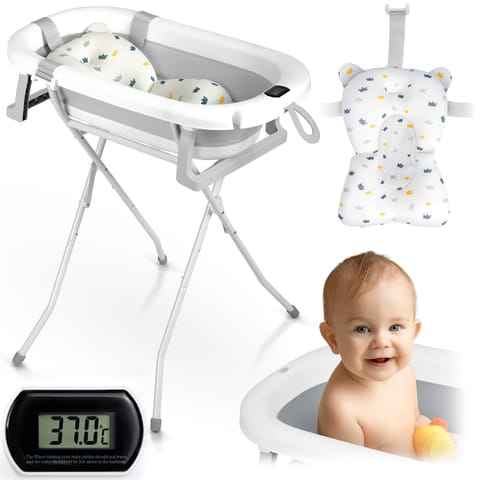 ⁨Wanienka składana dla dzieci, niemowląt ze stelażem, termometrem i wkładką Ricokids RK-287 biało-szara⁩ w sklepie Wasserman.eu