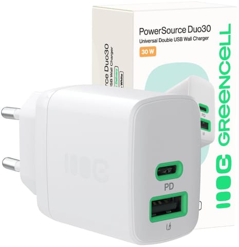 ⁨ŁADOWARKA SIECIOWA Greencell PowerSource Duo30 30W 1xUSB-C 1xUSB-A PD 3.0 QC 4.0+ biała⁩ w sklepie Wasserman.eu
