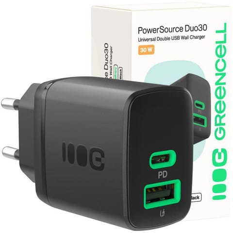 ⁨ŁADOWARKA SIECIOWA Greencell PowerSource Duo30 30W 1xUSB-C 1xUSB-A PD 3.0 QC 4.0+ czarna⁩ w sklepie Wasserman.eu
