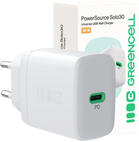 ⁨ŁADOWARKA SIECIOWA Greencell PowerSource Solo30 30W 1xUSB-C PD 3.0 QC 4.0+ biała⁩ w sklepie Wasserman.eu