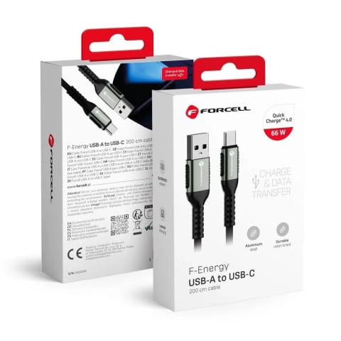 ⁨Kabel USB-A do USB-C Forcell 66W QC 3.0 SUPERVOOC Nylon 2m Laptop⁩ w sklepie Wasserman.eu