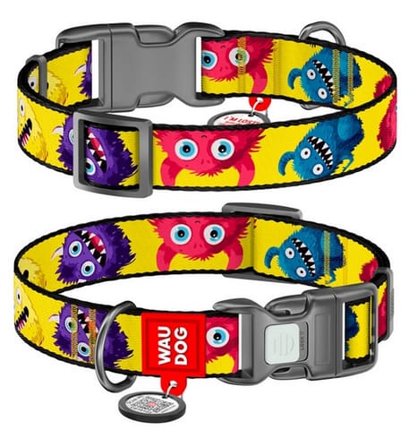 ⁨Collar WauDog Nylon Obroża nylonowa z QR-paszportem, plastikowy fastex, wzór FUTRZANE POTWORY, XXL 35mm/46-70cm⁩ w sklepie Wasserman.eu