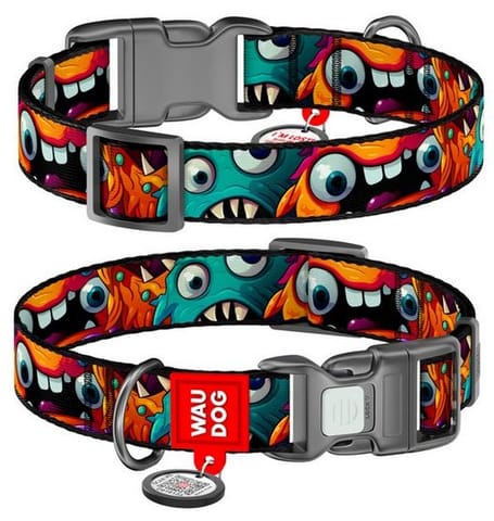 ⁨Collar WauDog Nylon Obroża nylonowa z QR-paszportem, plastikowy fastex, wzór ZĘBATE POTWORY, XXL 35mm/46-70cm⁩ w sklepie Wasserman.eu