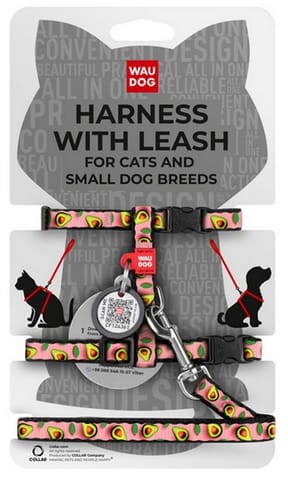 ⁨Collar WauDog Nylon Szelki ze smyczą nylonowe anatomiczne w kształcie litery H, z QR-paszportem, plastikowy fastex, wzór AWOKADO NA RÓŻU, rozmiar XS⁩ w sklepie Wasserman.eu