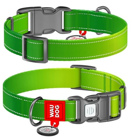 ⁨Collar WauDog Nylon Mono Obroża nylonowa odblaskowa z QR-paszportem, plastikowy fastex, M 20mm/28-40cm jasnozielona⁩ w sklepie Wasserman.eu