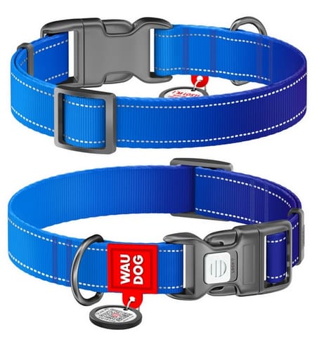 ⁨Collar WauDog Nylon Mono Obroża nylonowa odblaskowa z QR-paszportem, plastikowy fastex, L 25mm/33-49cm niebieska⁩ w sklepie Wasserman.eu