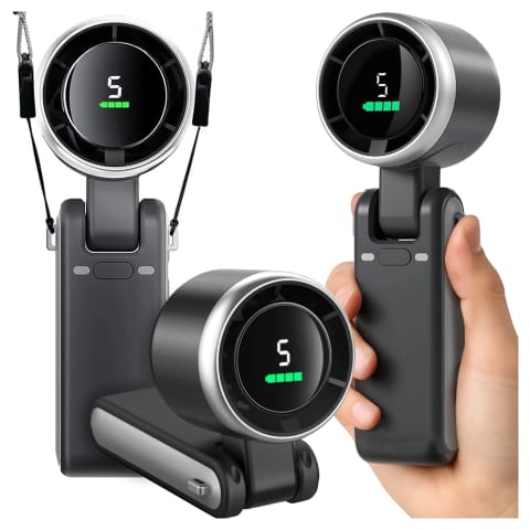 ⁨Wiatrak Mini wentylator Cyrkulator powietrza wiatraczek ręczny biurkowy z paskiem na szyję wyświetlacz LED Alogy 3600mAh Czarny⁩ w sklepie Wasserman.eu