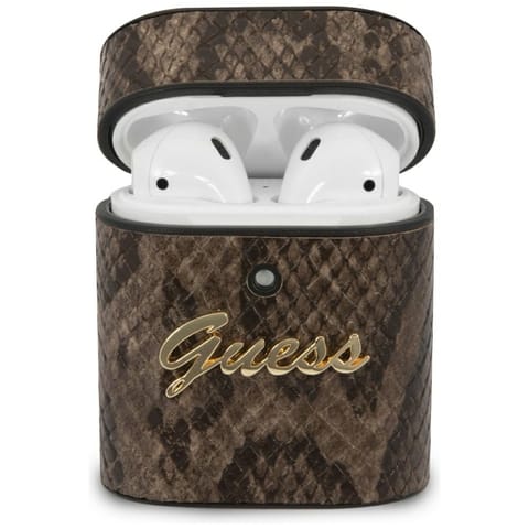 ⁨Guess GUACA2PUSNSMLBR AirPods 1/2 cover brązowy/brown Python Collection⁩ w sklepie Wasserman.eu