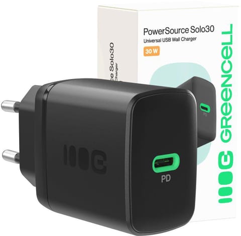 ⁨ŁADOWARKA SIECIOWA Greencell PowerSource Solo30 30W 1xUSB-C PD 3.0 QC 4.0+ czarna⁩ w sklepie Wasserman.eu