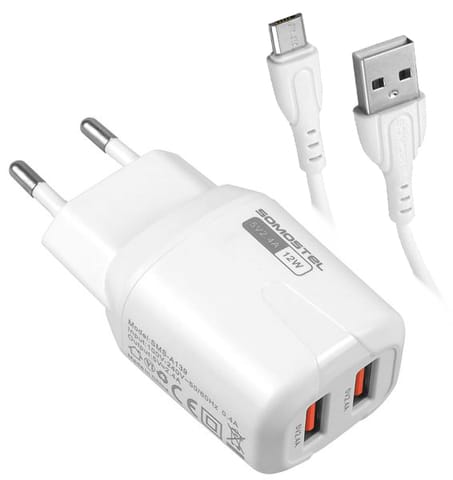 WALL CHARGER SOMOSTEL 2,4A/2xUSB DUAL+MICRO USB CABLE SMS-A139 WHITE (1LM) at Wasserman.eu