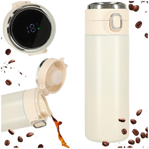 ⁨Kubek bidon termiczny z ustnikiem termos LED 420ml beżowy⁩ w sklepie Wasserman.eu