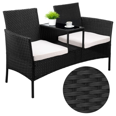 ⁨Ławka ogrodowa z technorattanu sofa CORDOBA czarna z beżowymi poduszkami⁩ w sklepie Wasserman.eu