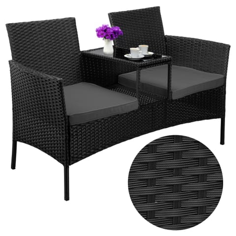 ⁨Ławka ogrodowa z technorattanu sofa CORDOBA czarna z szarymi poduszkami⁩ w sklepie Wasserman.eu