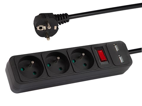 ⁨Przedłużacz sieciowy PR-370WSP/USB 3-Gniazda+USB z uziemieniem+wyłącznik 5m CZARNY 3x1,5mm⁩ w sklepie Wasserman.eu