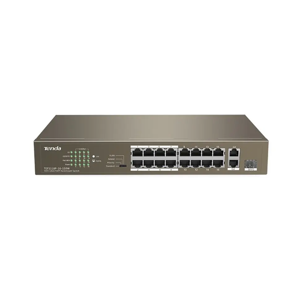 ⁨Tenda TEF1118P-16-150W network switch Unmanaged L2 Fast Ethernet (10/100) Power over Ethernet (PoE) 1U Black⁩ at Wasserman.eu