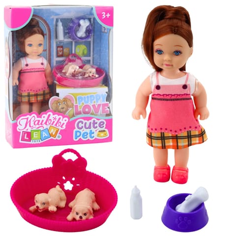 ⁨Zestaw Mini Laleczka Z Dwoma Szczeniaczkami Legowisko Miska Butelka⁩ w sklepie Wasserman.eu