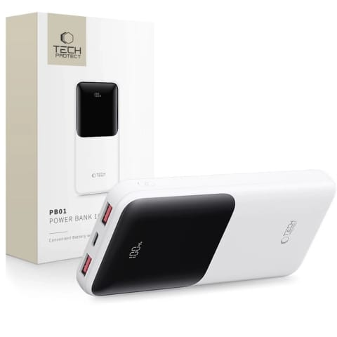 ⁨Powerbank Tech-Protect PB01 10000mAh 22.5W Biały USB-A USB-C⁩ w sklepie Wasserman.eu