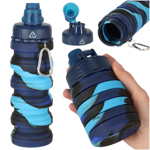 ⁨Butelka na wodę bidon silikonowy składany z uchwytem sportowy 500ml niebieski⁩ w sklepie Wasserman.eu