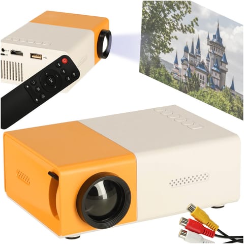 ⁨Mini projektor rzutnik przenośny LED TFT LCD 1920x1080 24-60" USB HDMI 12V biało-pomarańczowy⁩ w sklepie Wasserman.eu