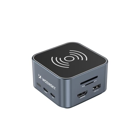 ⁨12w1 Hub z ładowarką bezprzewodową USB-A USB-C HDMI RJ45 SD TF mini jack - szary⁩ w sklepie Wasserman.eu