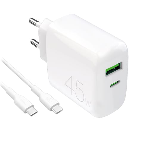⁨Ładowarka sieciowa USB-C USB-A PD z kablem USB-C 45W - biała⁩ w sklepie Wasserman.eu