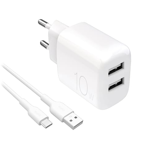 Ładowarka sieciowa 2x USB-A PROLITE 10W z kablem USB-A - USB-C 1.2m - biała w sklepie Wasserman.eu