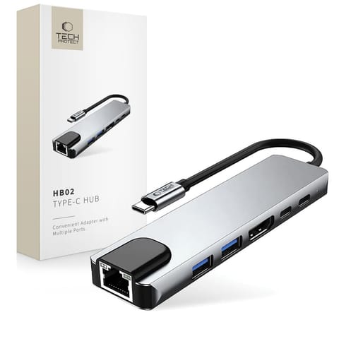 ⁨6w1 HUB Adapter USB-C USB-A HDMI RJ45 4K 30Hz PD 100W - szary⁩ w sklepie Wasserman.eu