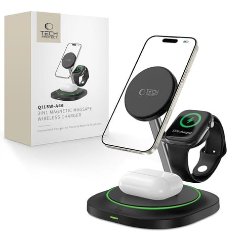 Ładowarka indukcyjna 3w1 do smartfona smartwatcha słuchawek Magnetic MagSafe - czarna w sklepie Wasserman.eu