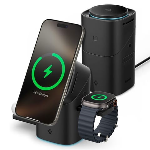⁨Spigen Essential EF223MS Qi2 Rotary Magnetic - Ładowarka indukcyjna MagSafe 3w1 do iPhone, AirPods i Apple Watch 15W (Black)⁩ w sklepie Wasserman.eu