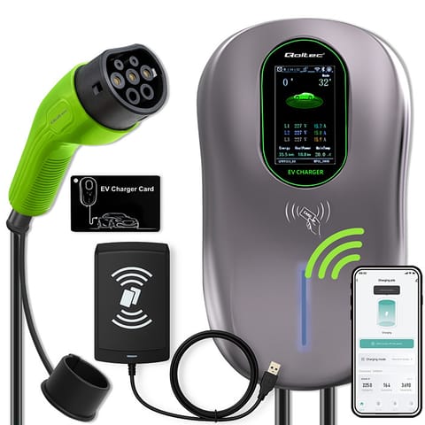 ⁨Qoltec Stacja ładowania EV 2w1 Typ2 | 22kW | Wi-fi|  | LCD | 3 fazy | Wallbox | 5m⁩ w sklepie Wasserman.eu