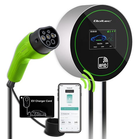 ⁨Qoltec Stacja ładowania EV 2w1 Typ2 | 22kW | Wi-fi|  | LCD | 3 fazy | Wallbox | Smart life app| RFID | 5m⁩ w sklepie Wasserman.eu