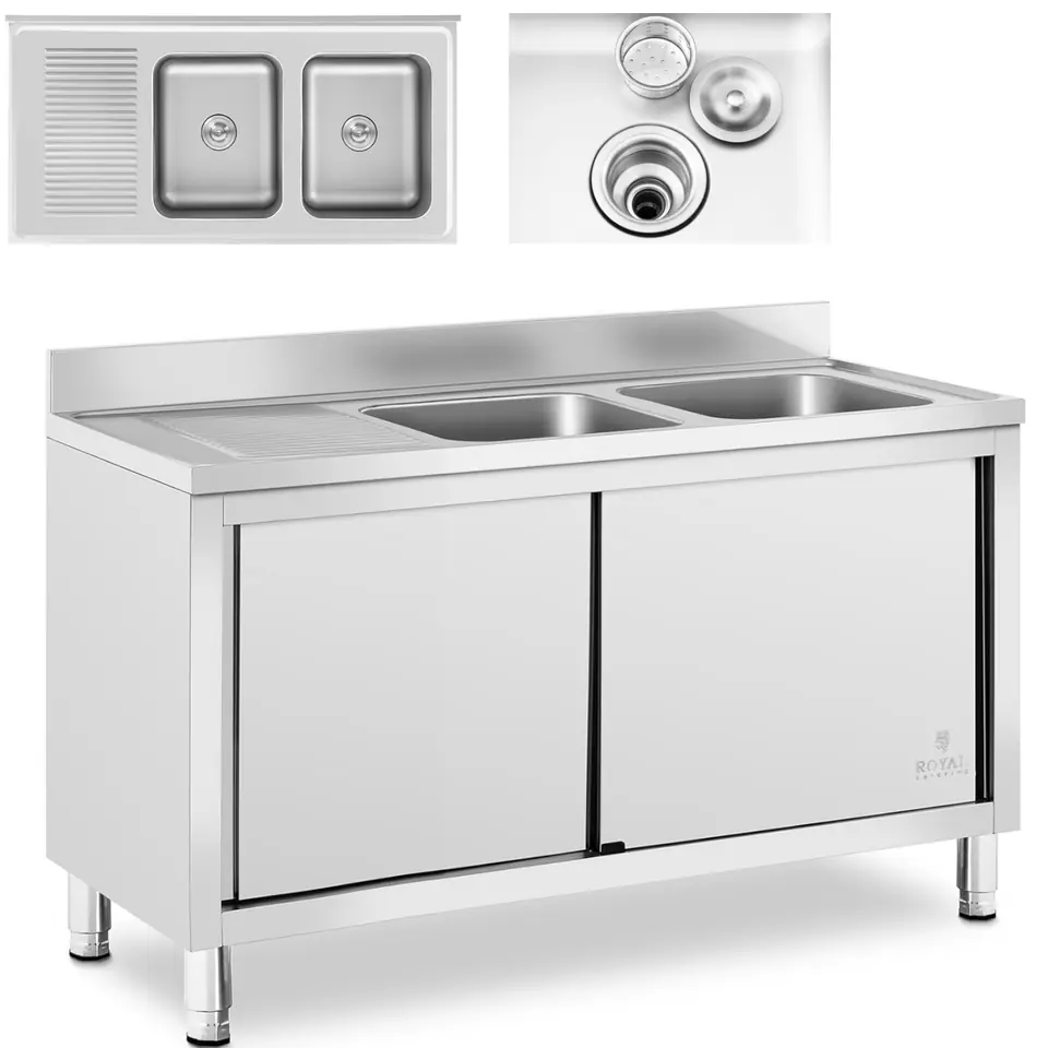 ⁨Two-chamber gastronomic pool sink with cabinet with sliding doors 140 x 70 x 95 cm⁩ at Wasserman.eu