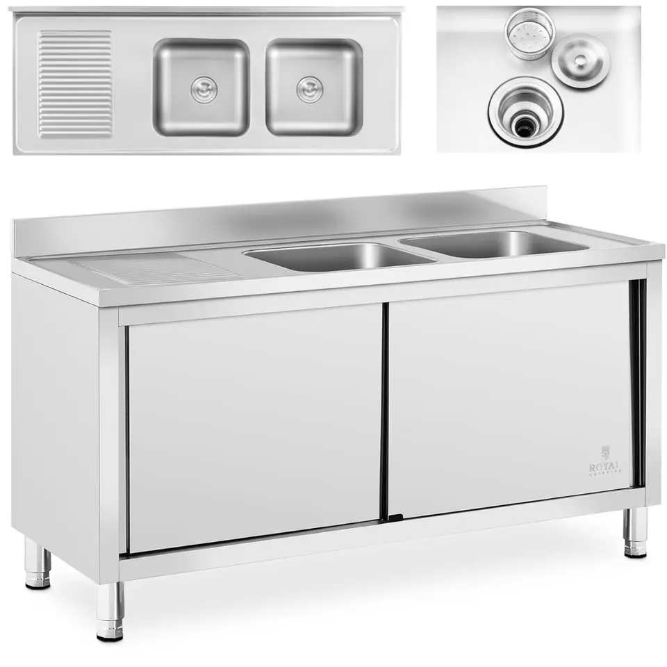 ⁨Two-chamber catering pool sink with cabinet with sliding doors 160 x 60 x 95 cm⁩ at Wasserman.eu