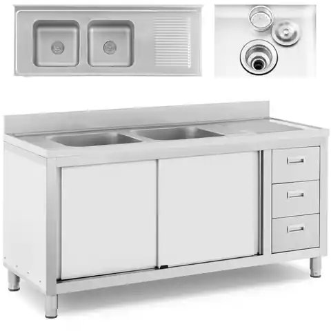 ⁨Two-chamber catering pool sink with cabinet with sliding doors drawers steel 160 x 60 x 95 cm⁩ at Wasserman.eu