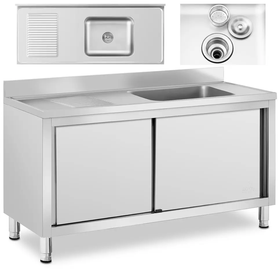 ⁨One-chamber gastronomic pool sink with cabinet with sliding door right 140 x 60 x 94.5 cm⁩ at Wasserman.eu