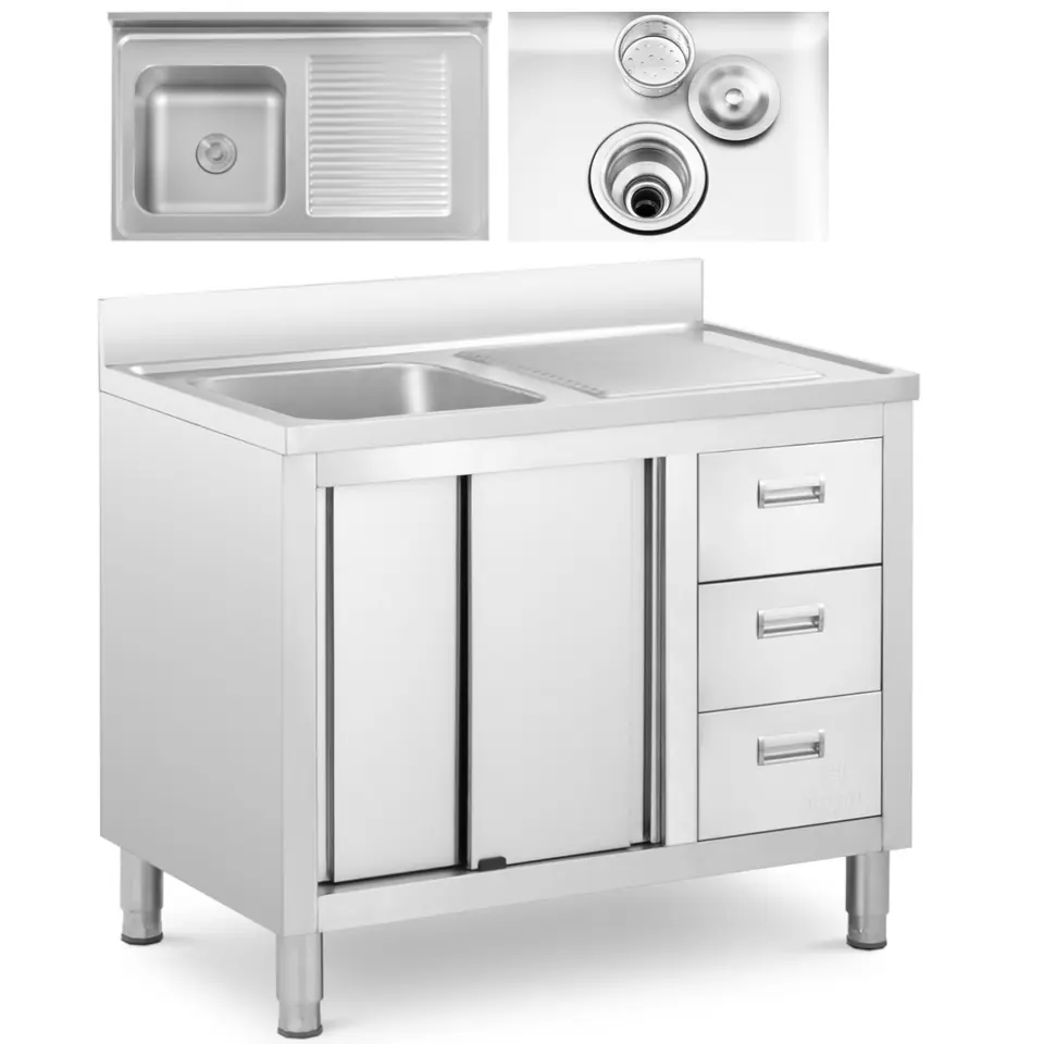 ⁨One-chamber catering pool sink with cabinet with sliding doors drawers steel 100 x 60 x 94.5 cm⁩ at Wasserman.eu