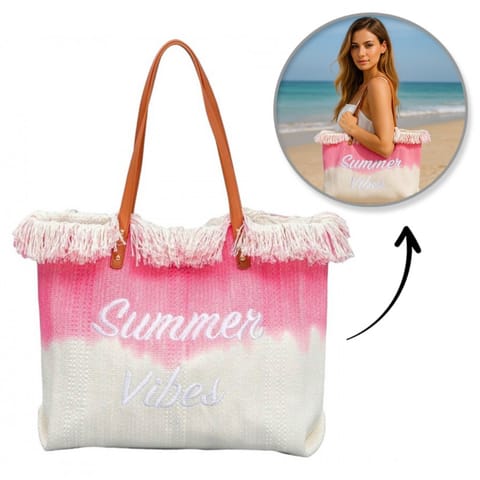 ⁨TORBA PLAŻOWA wakacyjna BOHO z frędzlami różowa ombre, na zakupy TP14R⁩ w sklepie Wasserman.eu