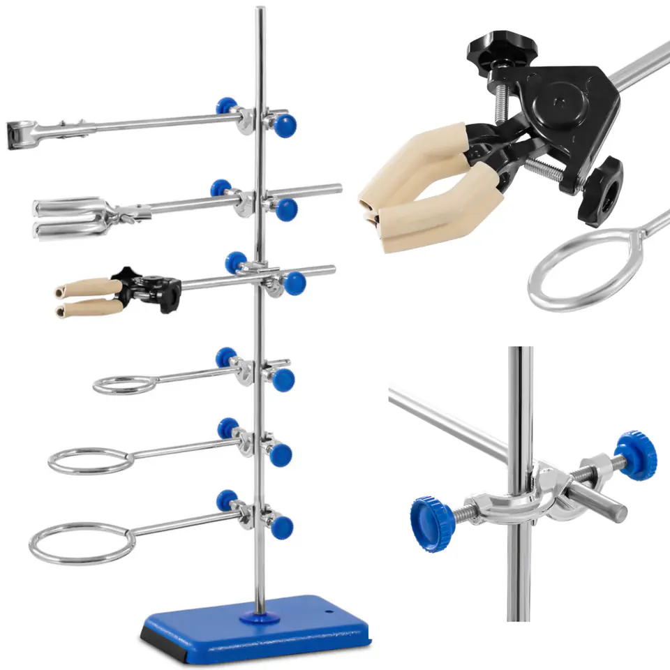 ⁨Tripod laboratory stand with equipment 60 cm 1 burette clamp 2 clamps 3 rings 60 mm 80 mm 100 mm⁩ at Wasserman.eu